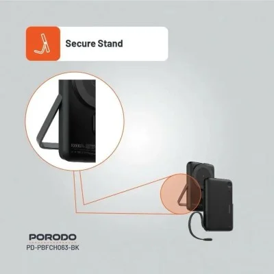 Porodo 10000Mah Power Bank Built-In Type-C & Stand - Black